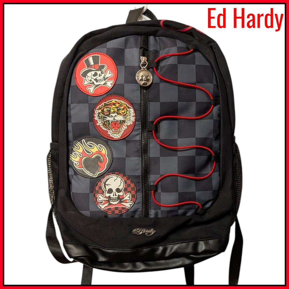 NWT ED HARDY Checkered Backpack with Skull & Tiger Patches